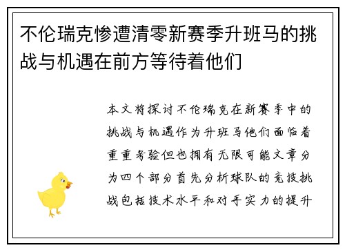 不伦瑞克惨遭清零新赛季升班马的挑战与机遇在前方等待着他们