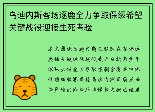 乌迪内斯客场逐鹿全力争取保级希望关键战役迎接生死考验