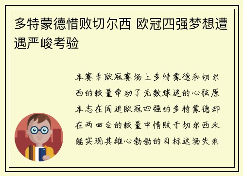 多特蒙德惜败切尔西 欧冠四强梦想遭遇严峻考验
