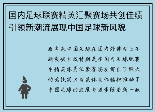国内足球联赛精英汇聚赛场共创佳绩引领新潮流展现中国足球新风貌
