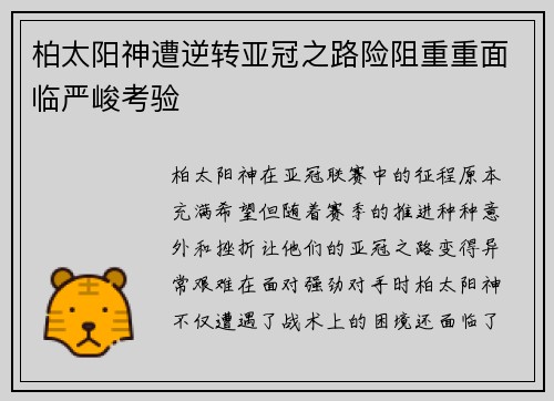 柏太阳神遭逆转亚冠之路险阻重重面临严峻考验