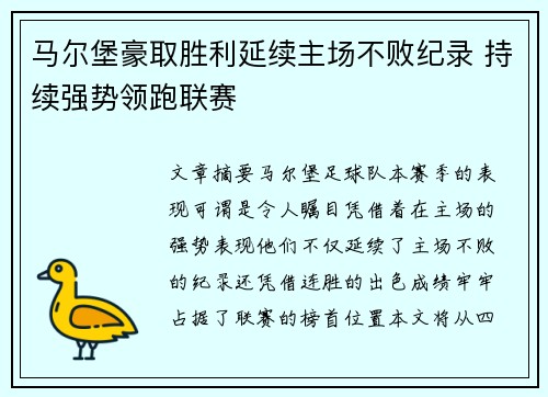 马尔堡豪取胜利延续主场不败纪录 持续强势领跑联赛