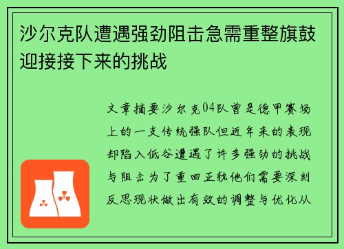 沙尔克队遭遇强劲阻击急需重整旗鼓迎接接下来的挑战