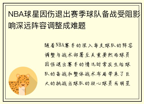 NBA球星因伤退出赛季球队备战受阻影响深远阵容调整成难题