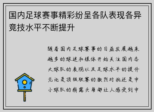 国内足球赛事精彩纷呈各队表现各异竞技水平不断提升
